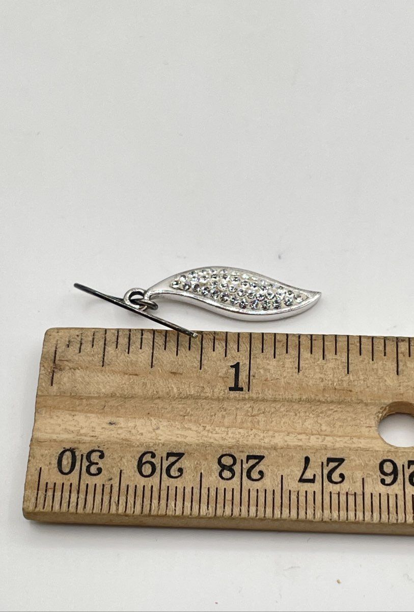 925 Sterling Silver Rhinestone Pavé Curved Leaf-Shaped Dangle Earrings 3.8g