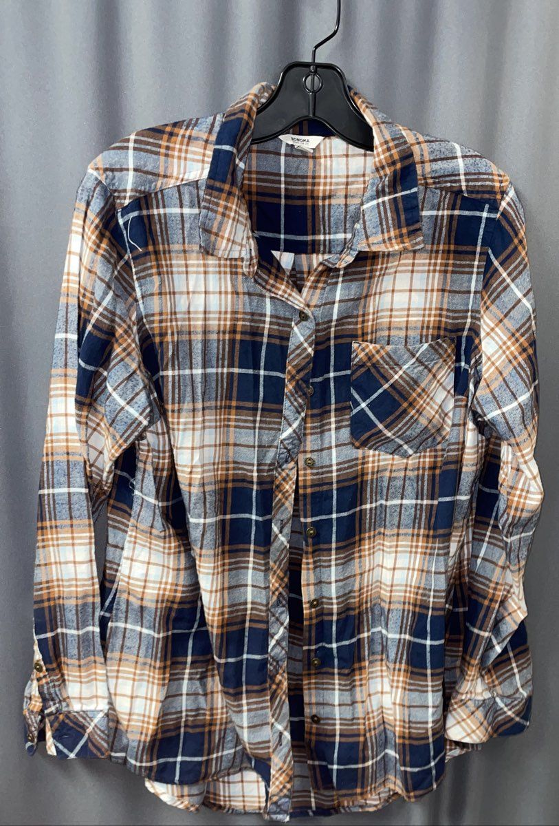 Sonoma Men's Blue Orange Plaid Long Sleeve Button Up 100% Cotton Shirt Sz L