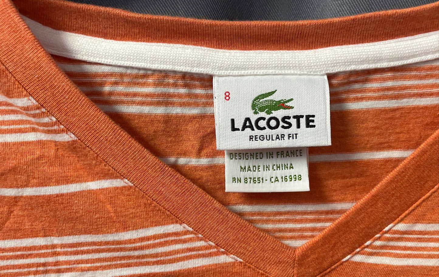 Lacoste Men's Orange White Striped V-Neck Regular Fit Cotton T-Shirt Size 8