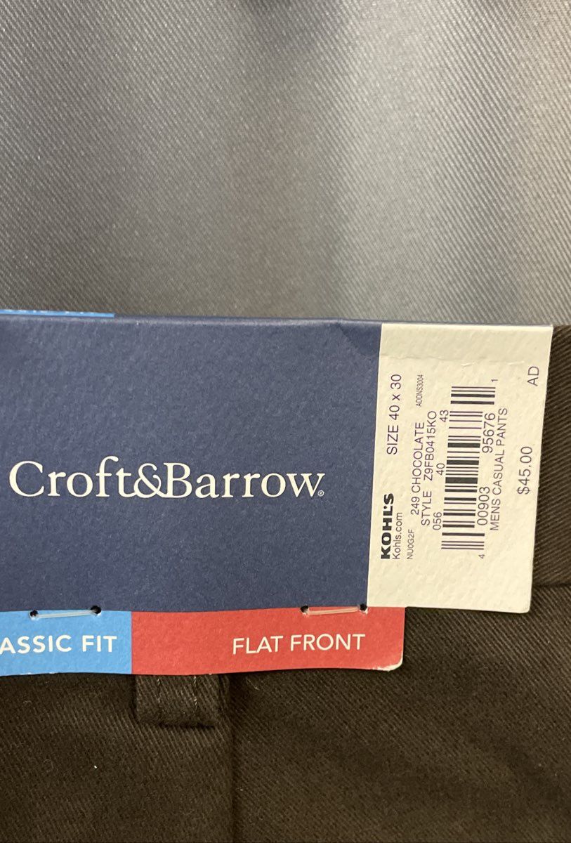 Croft & Barrow Men's Brown Classic Fit Flat Front Easy Care Pants 40x30 NWT