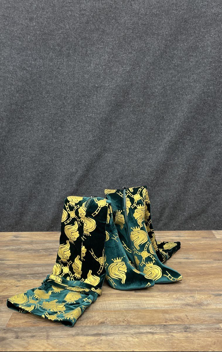 Chimzi Player Green Gold Lion Crest Velvet Thigh High Boots Women's Size 40
