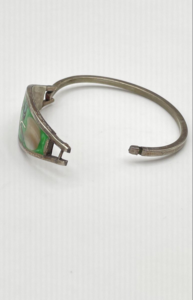 Alpaca Silver MOP Abalone Inlay Green Resin Bangle Bracelet Mexico Marked 15.1g