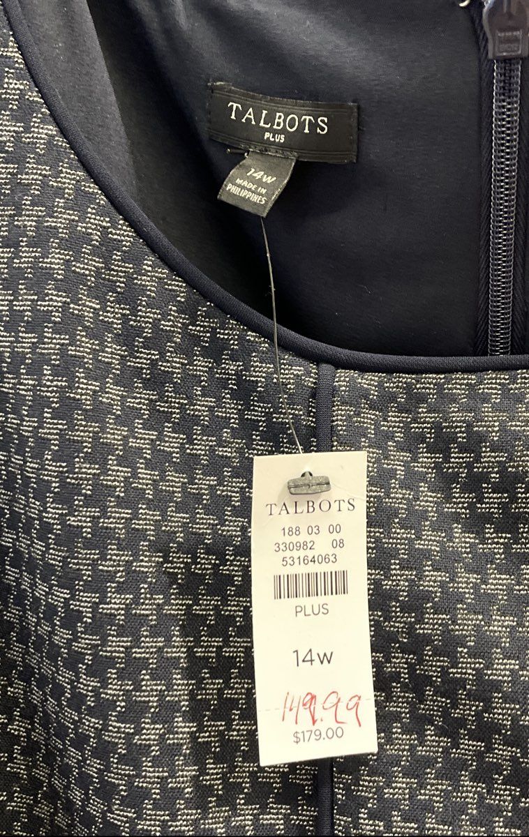 Talbots Plus Women's NWT Sheath Dress Blue Houndstooth Sleeveless Size 14W