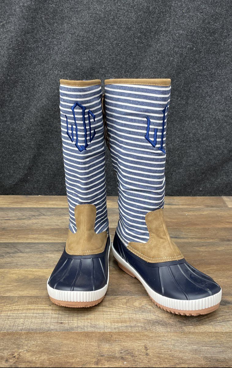 Marley Lilly Tall Duck Rain Boots Navy White Striped Monogram Women's Size 8
