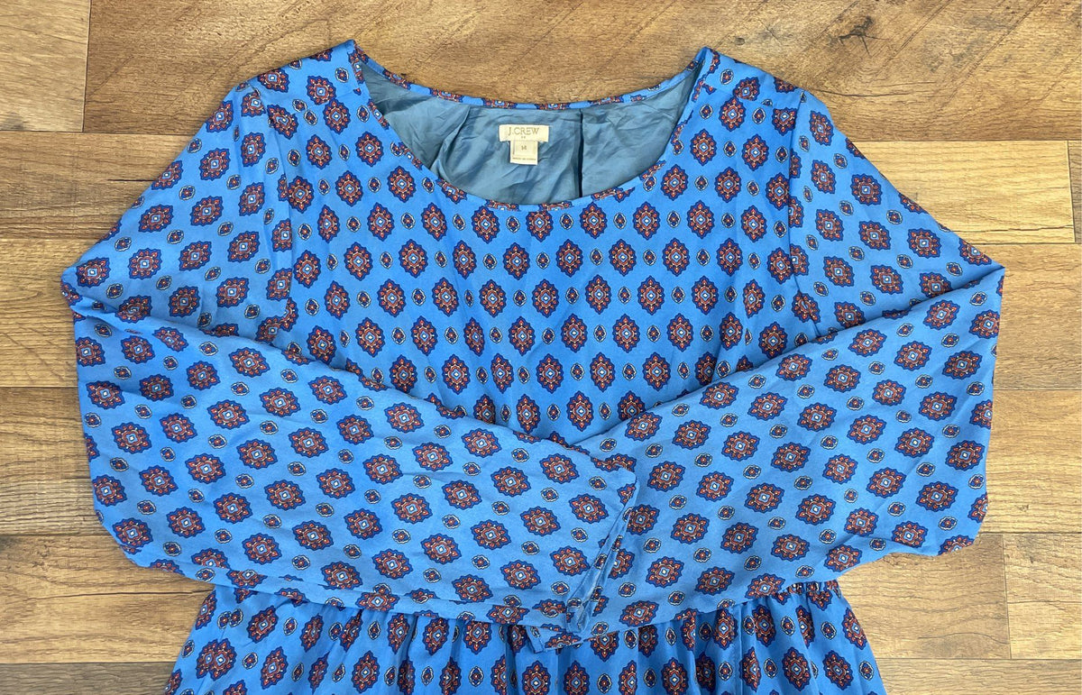 J. Crew Women's Blue Medallion Print Long Sleeve Faux Wrap Lined Dress Size 14