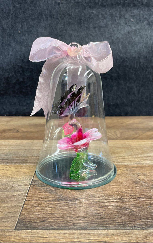 Glass Dome with a Glass Butterfly on a Glass Leaf Figurine