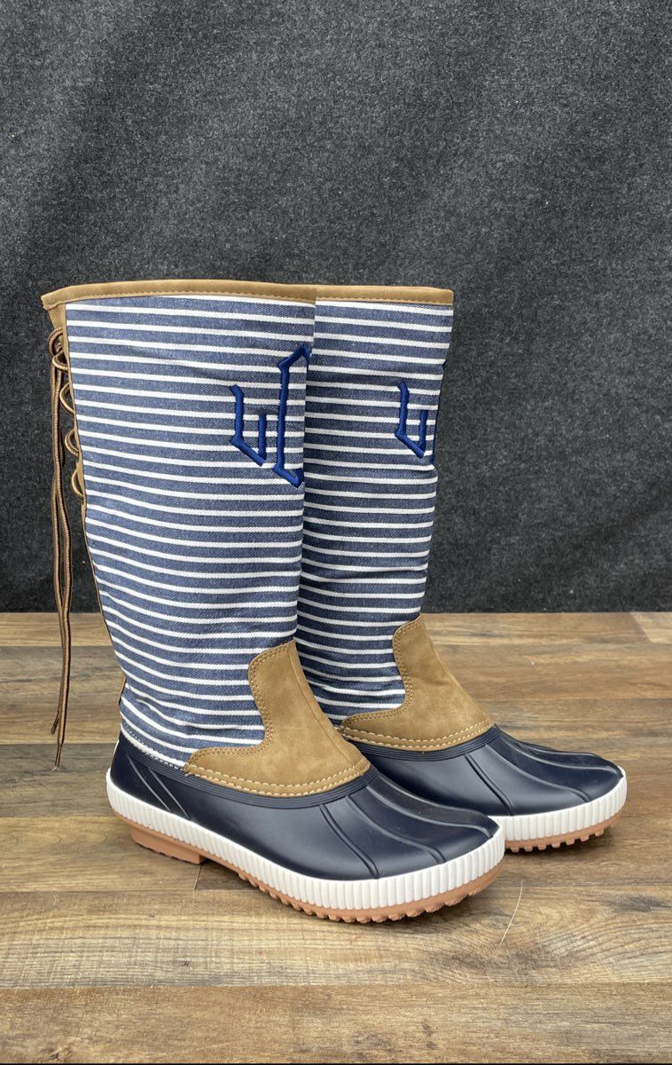Marley Lilly Tall Duck Rain Boots Navy White Striped Monogram Women's Size 8