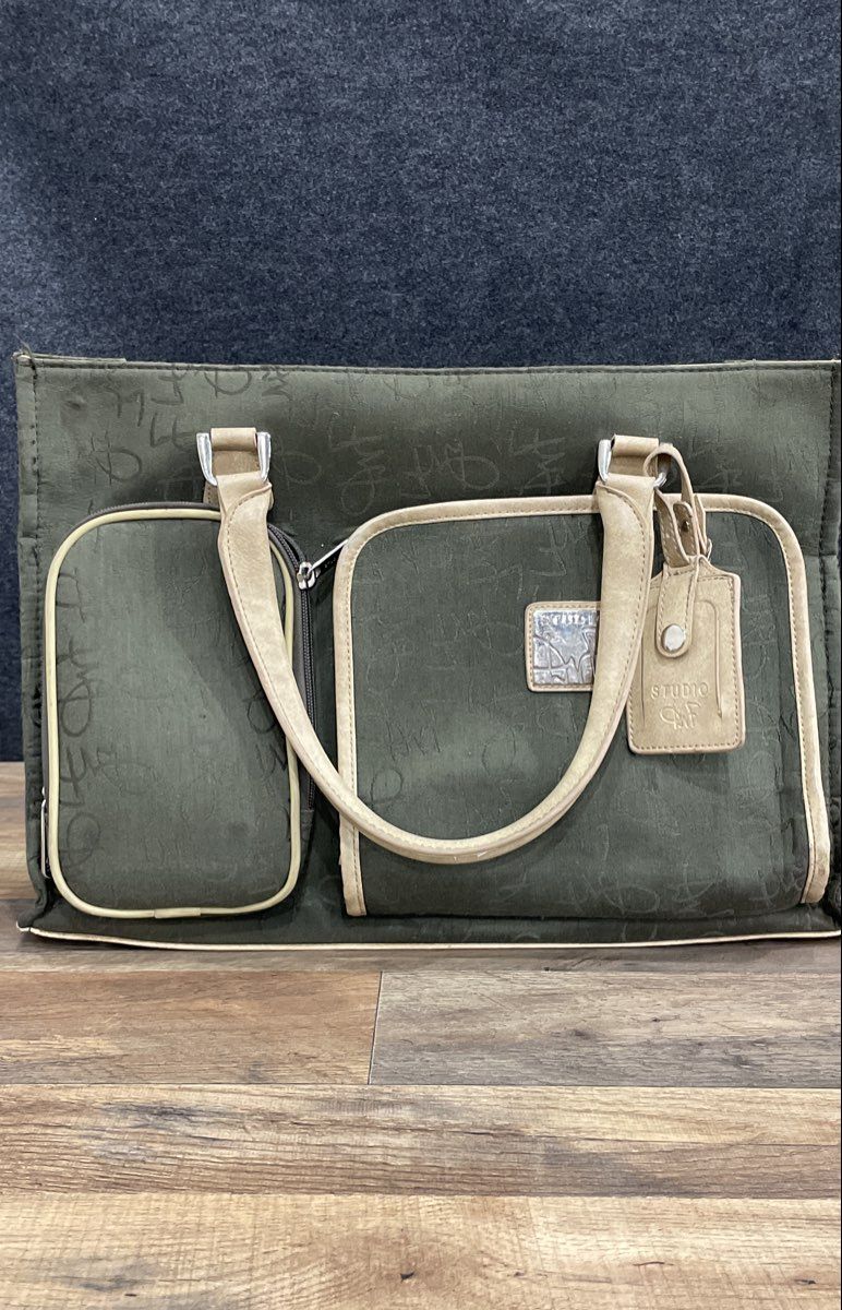 Studio Green Embroidered Signature Canvas Tote Bag Large Silver Hardware