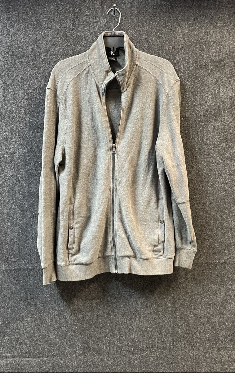 Calvin Klein Men's Grey Pique Knit Full Zip Cotton Sweater Jacket Mock Neck L