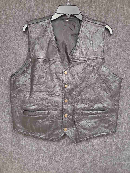 Vintage 90s Men's Black Genuine Leather Patchwork Snap Front Biker Vest Size L