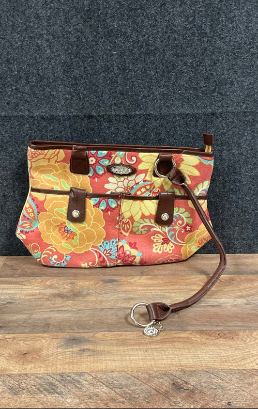 Spartina 449 Multicolor Floral Canvas Tote Bag Brown Leather Trim Silver