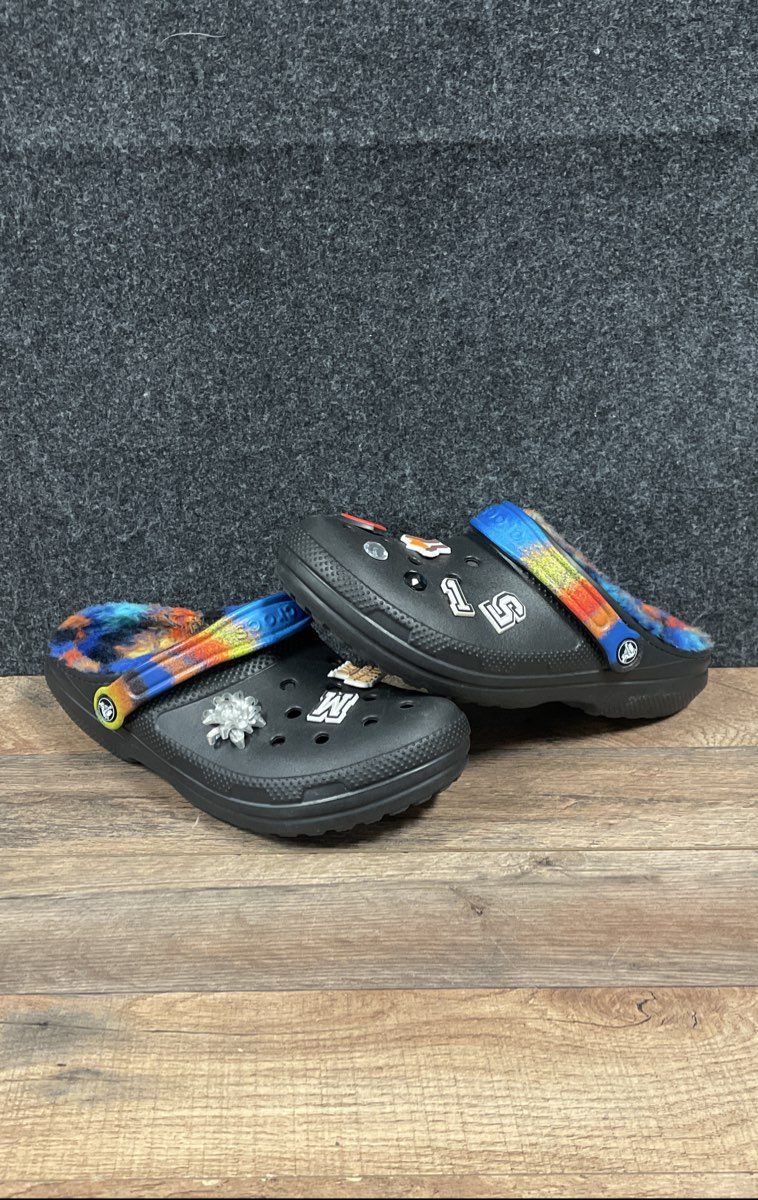 Crocs Classic Lined Clog Black Tie Dye Multi Strap Size Men 9 Women 11 Jibbitz
