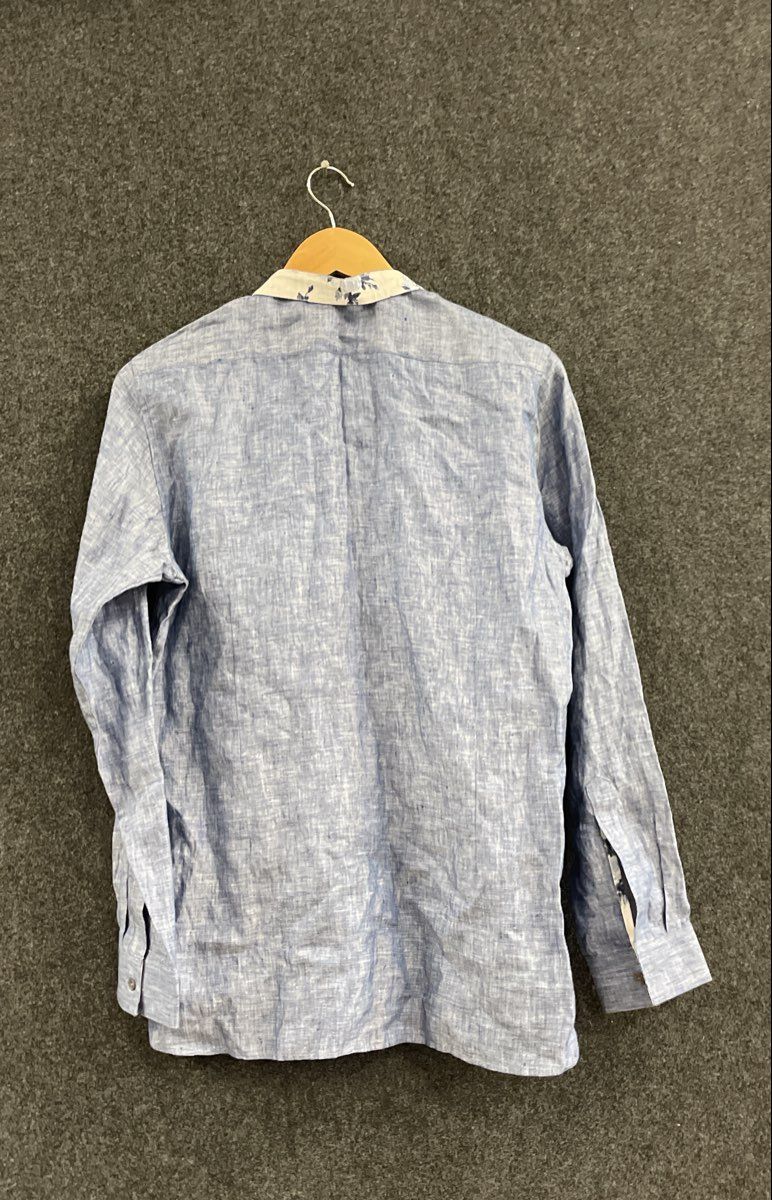 Yell Men's 100% Linen Band Collar Popover Shirt Blue Floral Trim Sz M NWT