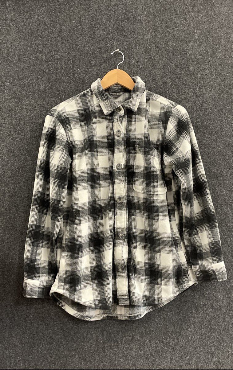 Eddie Bauer Women's Black White Buffalo Plaid Fleece Flannel Button Up Sz S