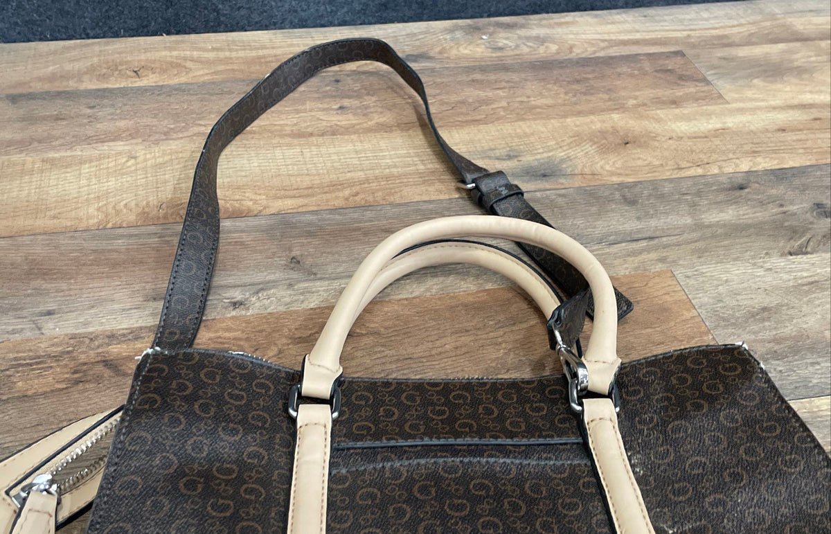 Guess Brown Leather Monogram Satchel Handbag Crossbody Bag Tan Trim