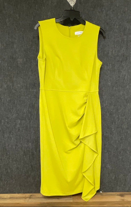 Calvin Klein Women's Mustard Yellow Sleeveless Ruffle Side Sheath Dress Sz 10