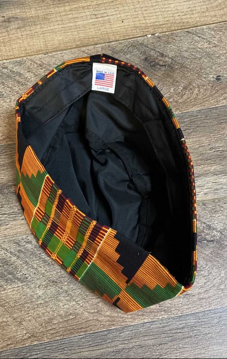 Vintage 90s Made in USA Kente Print 3 Piece Set Hat Sash Drawstring Bag