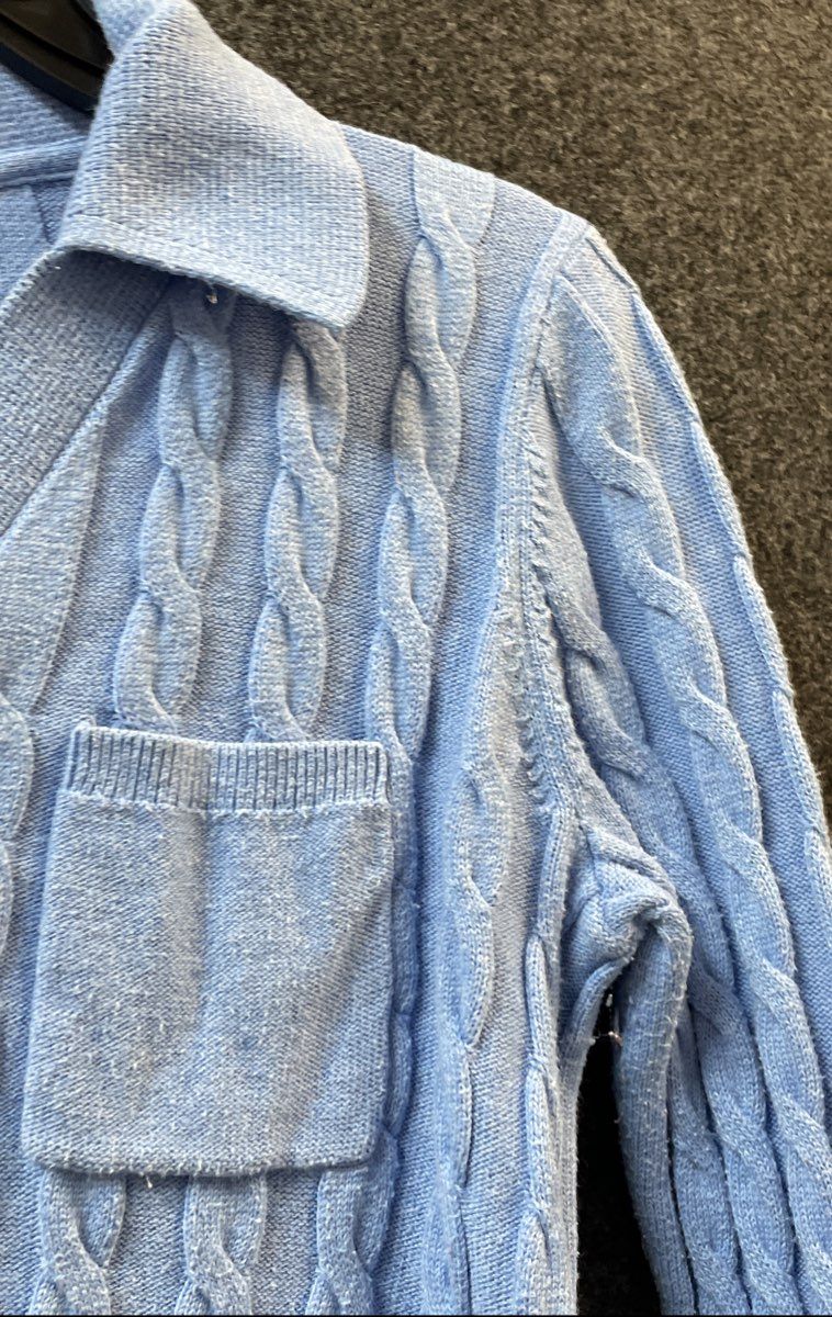 Talbots Women's Blue Cable Knit Polo Sweater Long Sleeve Button Pocket Sz SP