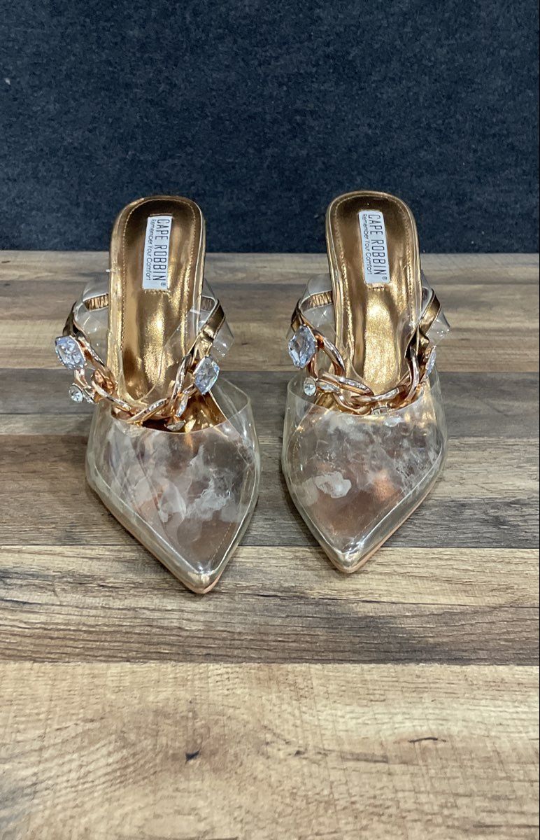 Cape Robbin Essex Rose Gold Clear PVC Pointed Toe Rhinestone Mules Size 11