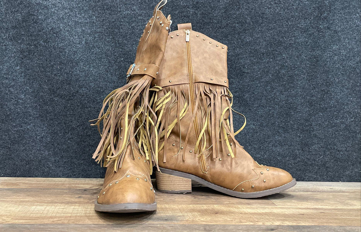 Unbranded Brown Fringed Tassel Studded Mid-Calf Boots Size 39