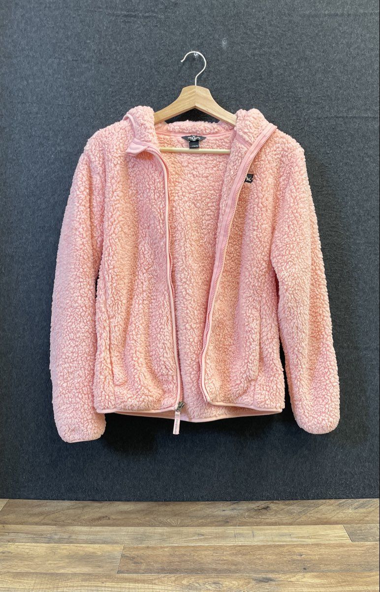 Eddie Bauer Kids Pink Fuzzy Sherpa Hooded Zip Up Fleece Jacket Sz L 14/16
