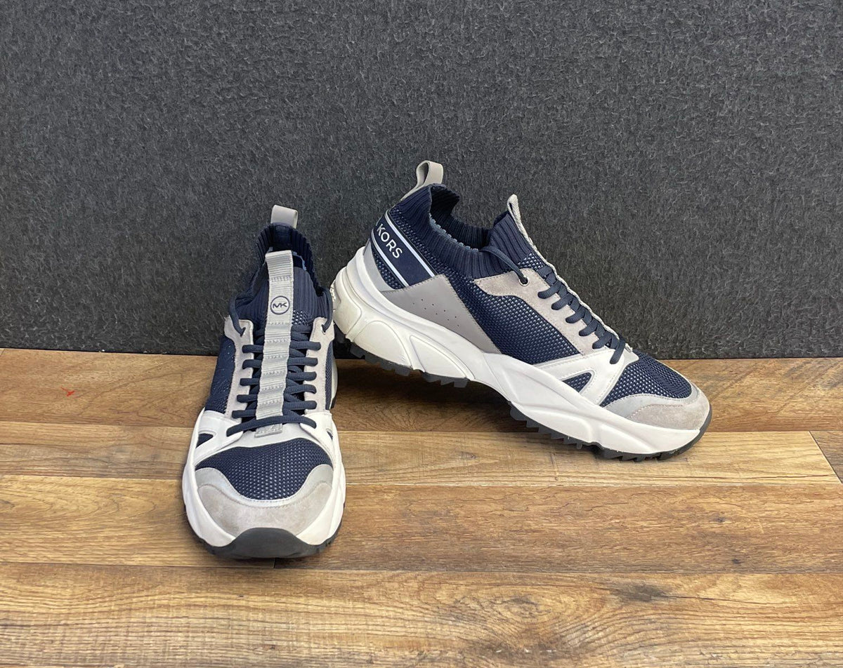 Michael Kors Miles Navy Grey Leather Knit Sneakers Men's Size 12
