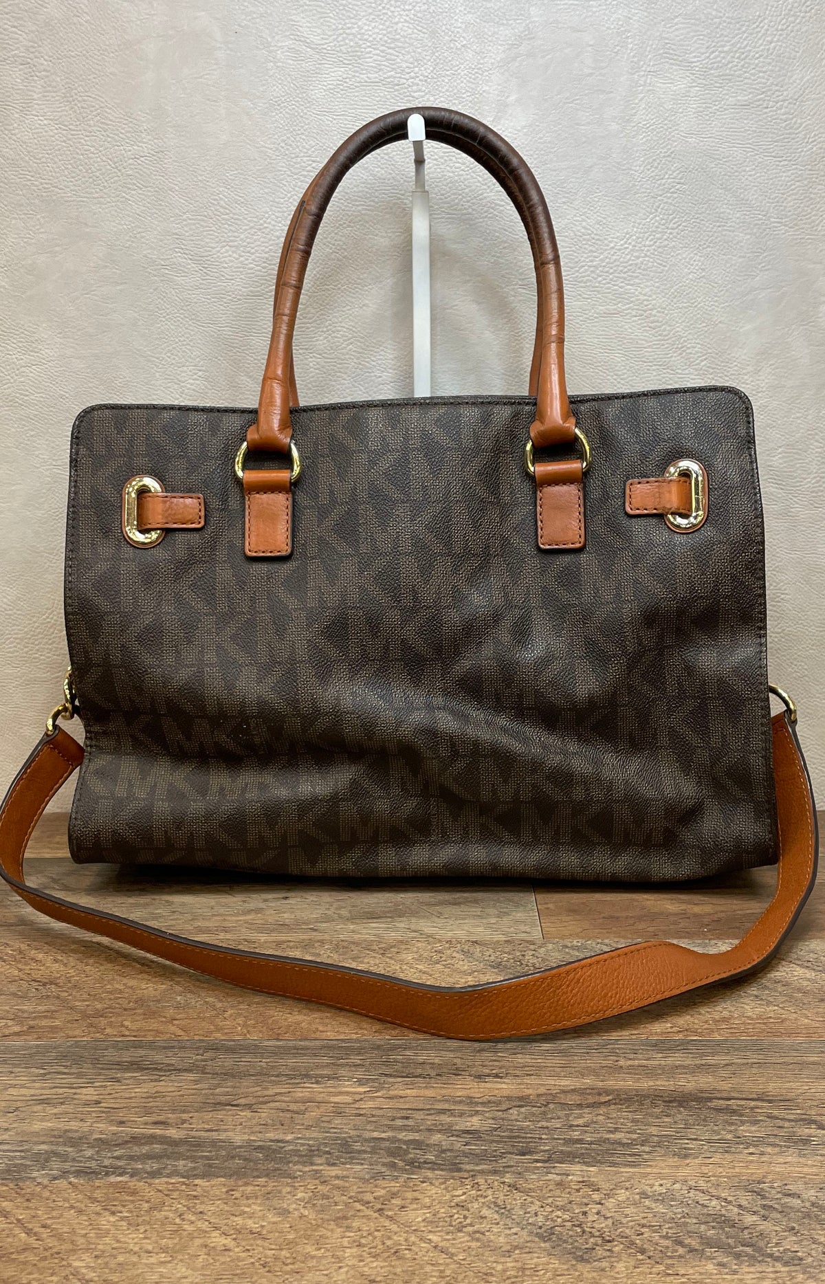 Michael Kors Brown Monogram Signature Satchel Tote Handbag Gold Hardware