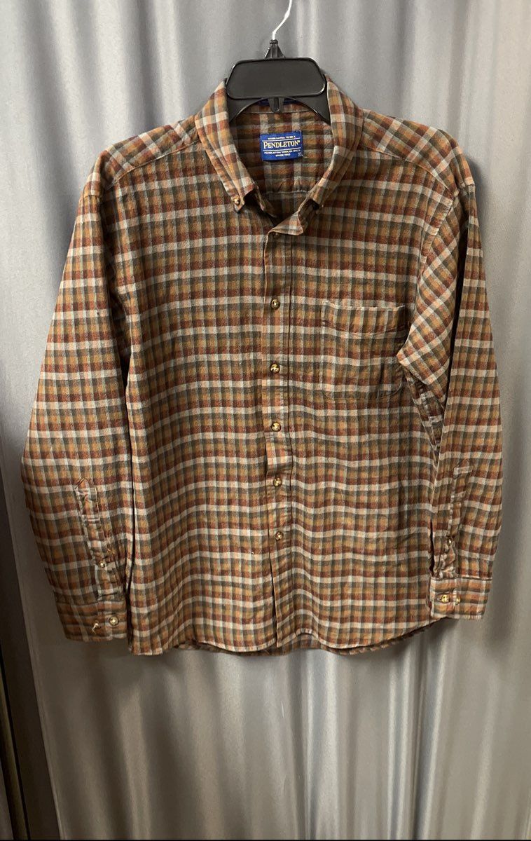 Pendleton Men's Brown Blue Plaid 100% Wool Button Down Shirt Sz L