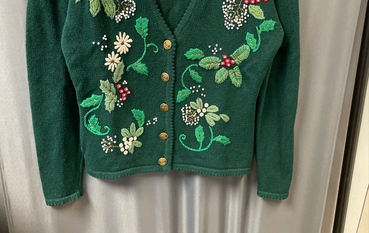 Vintage 90s The Limited Women's Green Embroidered Beaded Holiday Cardigan Sz M/L