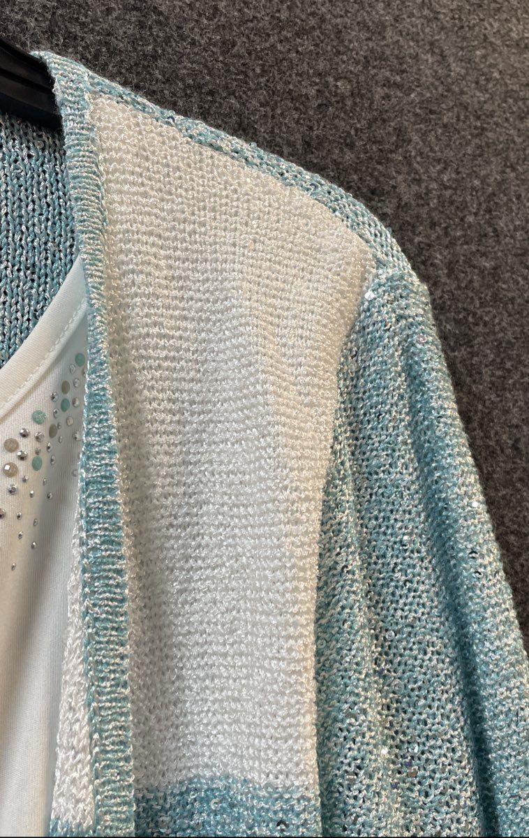 Alfred Dunner Women's Versailles 2pc Cardigan Set Blue White Sequin NWT Sz S