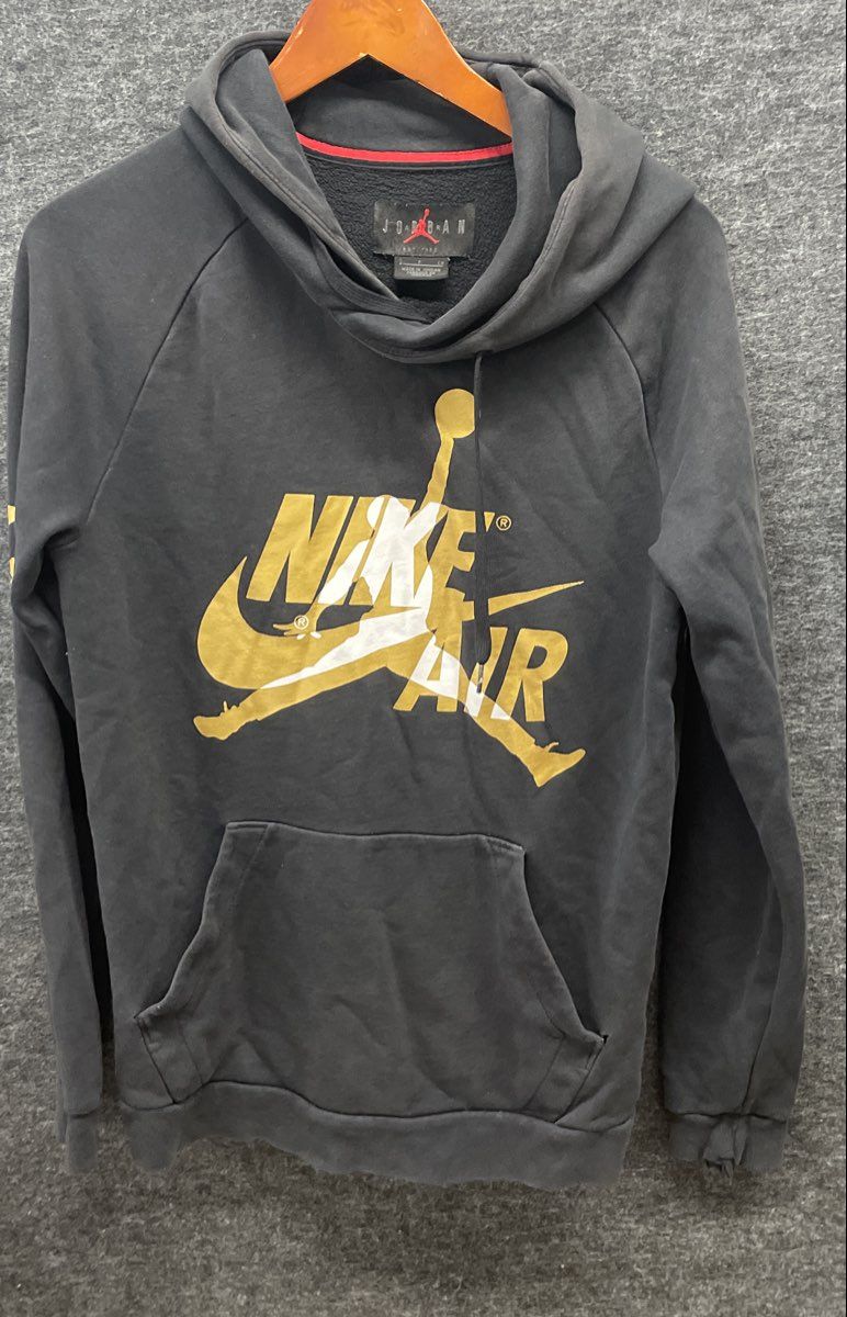 Nike Air Jordan Men's Black Hoodie Gold Jumpman Graphic Pullover Sleeve Script S