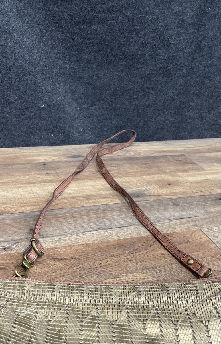 The Sak Brown Leather Gold Metallic Woven Chevron Crossbody Purse Bag