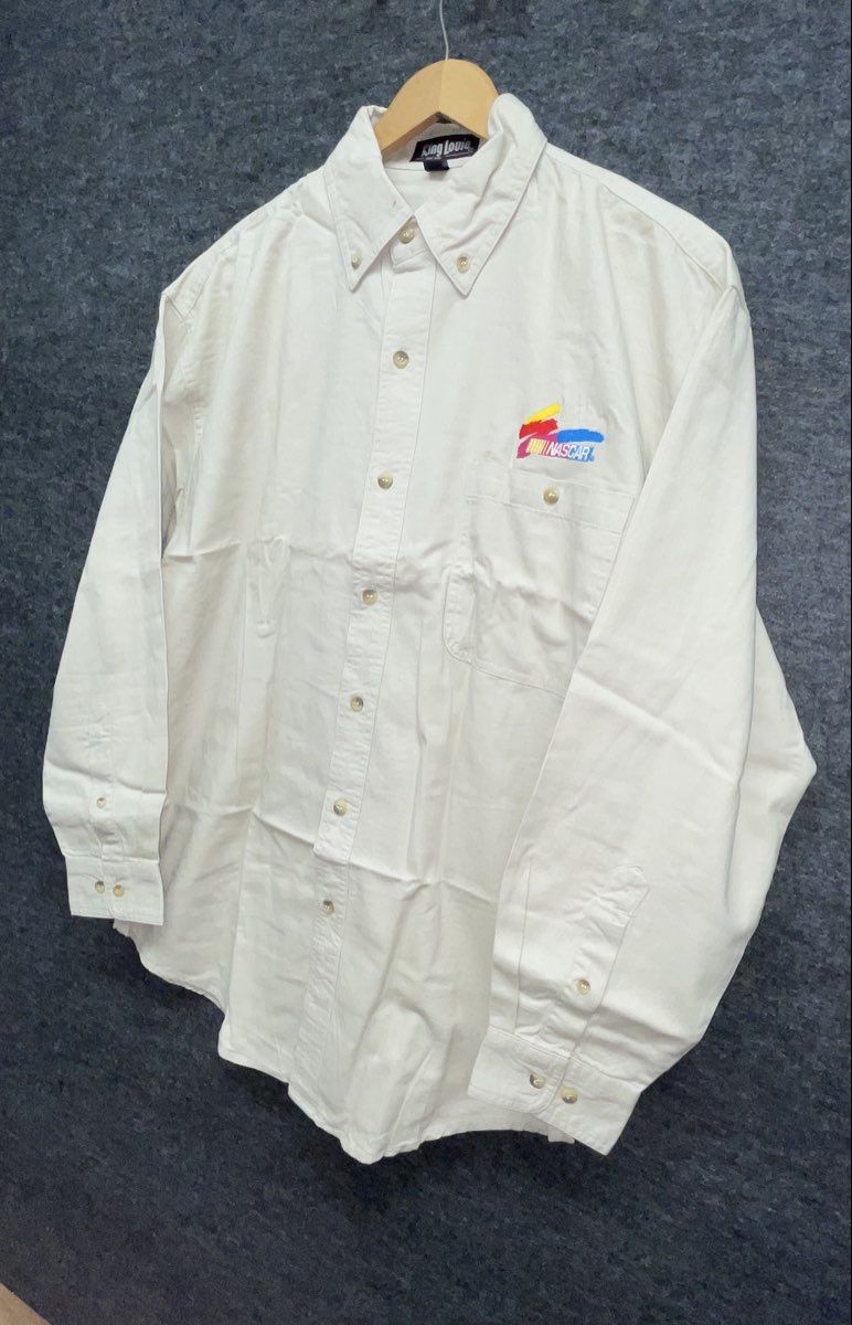 King Louie Vintage 90s NASCAR Embroidered Twill Button Down Shirt Tan NOS Sz M