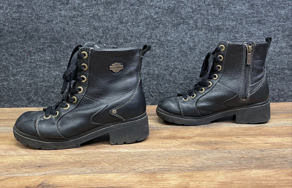 Harley-Davidson Black Leather Lace Up Side Zip Ankle Boots Women's Size 7.5