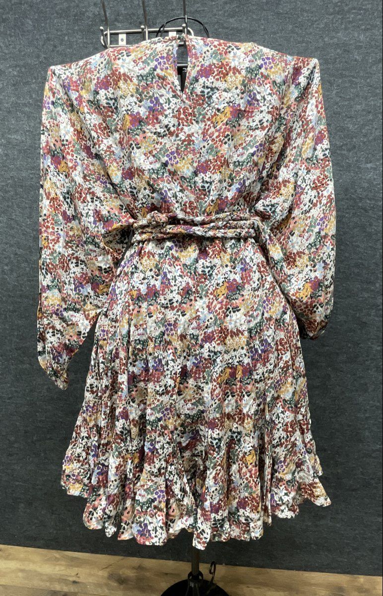 Women's Multicolor Floral Batwing Sleeve Braided Belt Ruffle Tiered Mini Dress