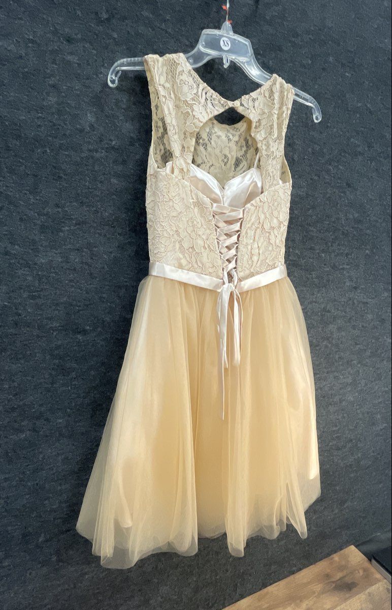 Women's Gold Champagne Lace Tulle Cocktail Prom Dress Lace Up Back Sz XS