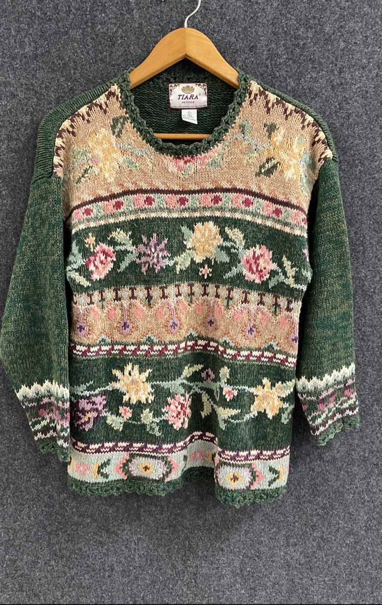 Vintage 90s Tiara Petites Women's Green Floral Knit Ramie Cotton Sweater Sz L