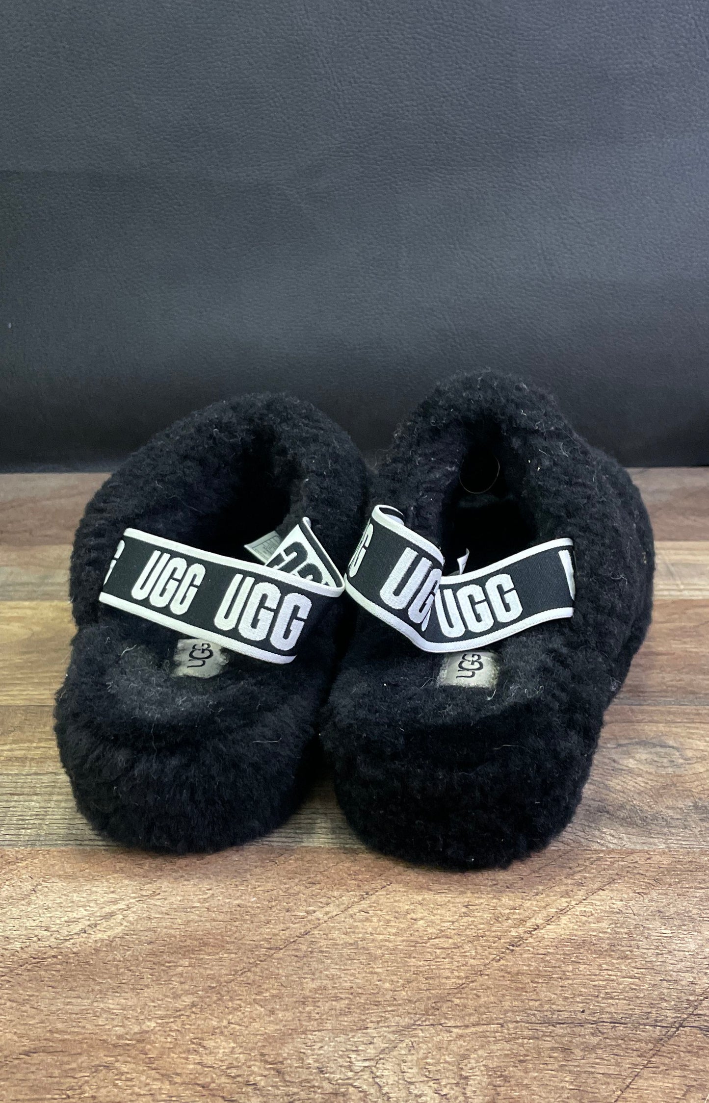 UGG Oh Fluffita Black Curly Sheepskin Platform Slippers Slides Women's Size 10