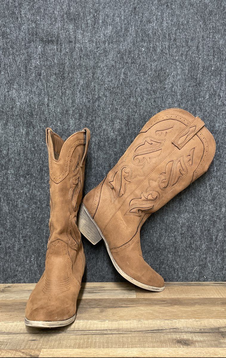 Academy Tan Faux Suede Embroidered Western Cowboy Boots Women's Size 9.5 B
