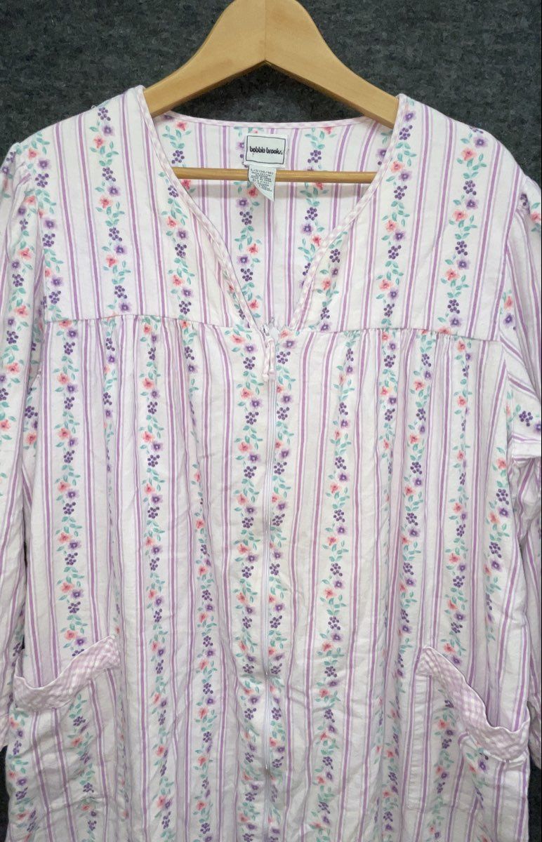 Bobbie Brooks Women's Purple Floral Striped Cotton Zip Front Nightgown L 14/16