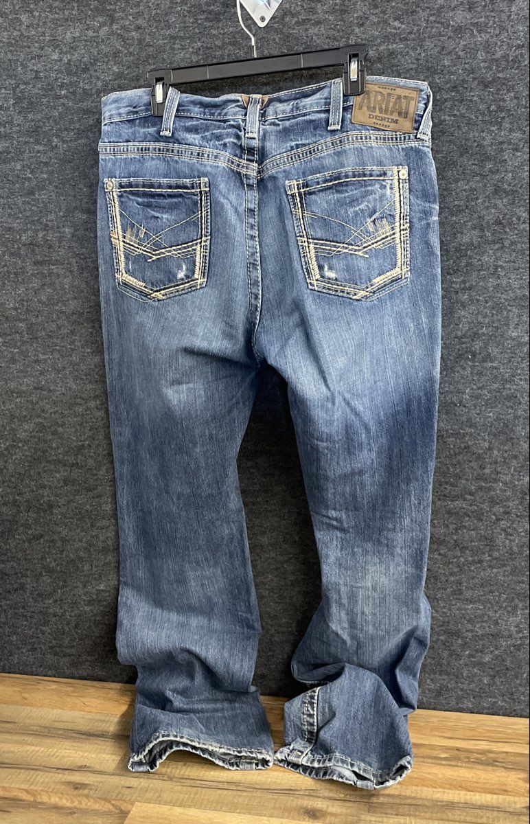 Ariat Men's Blue Denim Jeans Straight Leg Heavy Contrast Stitch Distressed