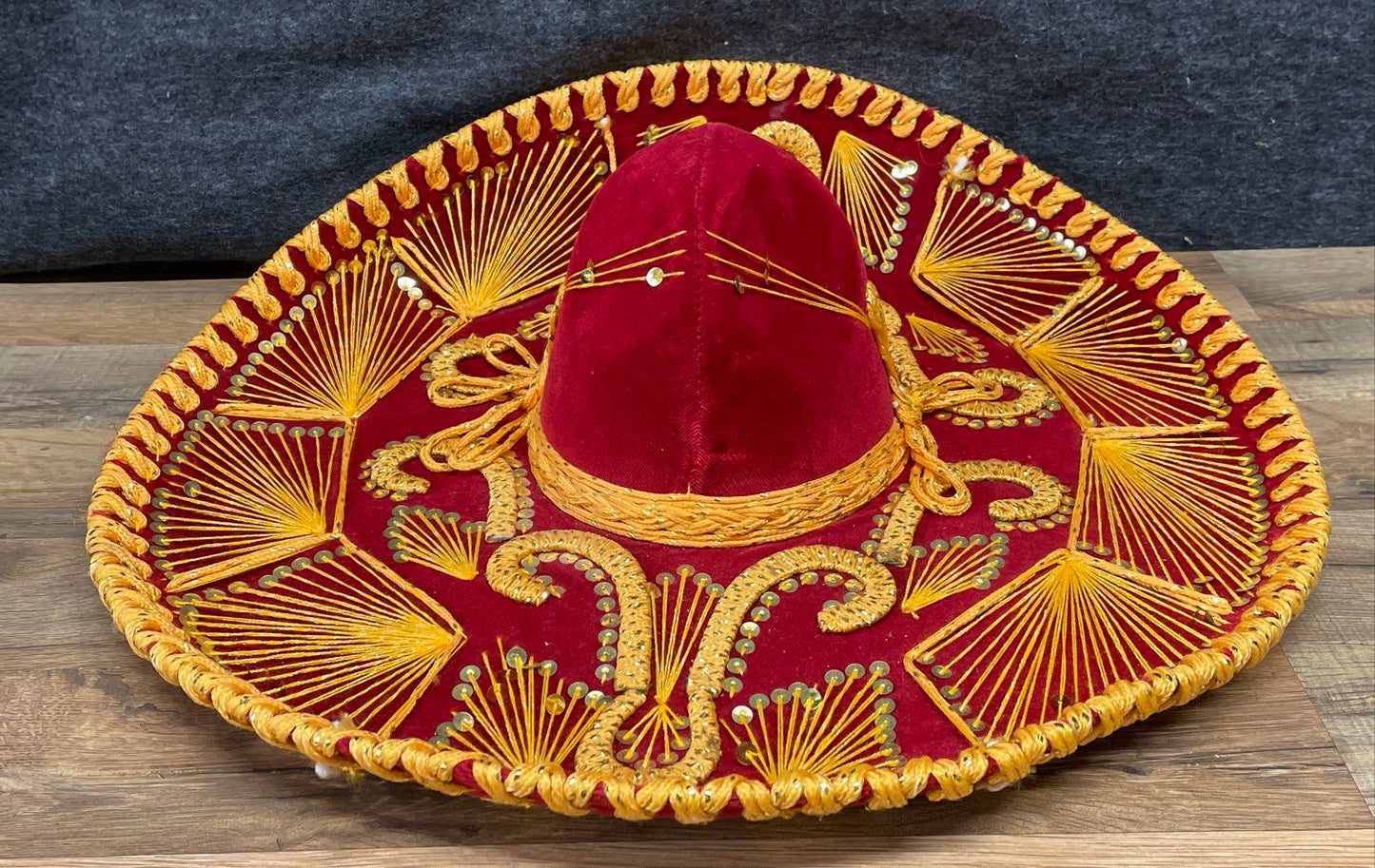 Belri Hats Red Gold Embroidered Sequin Velvet Mariachi Charro Sombrero Hat