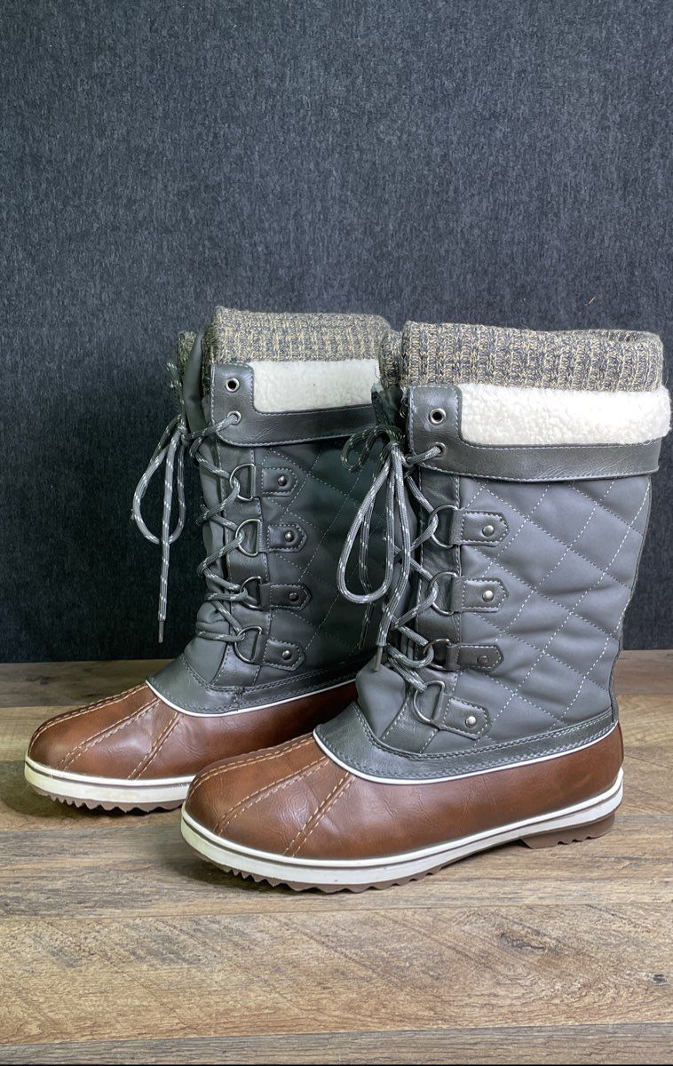 Dream Pairs Women's Faux Fur Quilted Lace Up Snow Boots Grey Brown Size 10