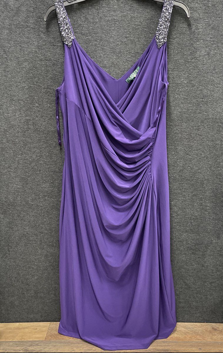 Lauren Ralph Lauren Women's Purple Beaded Strap Ruched Sleeveless Dress