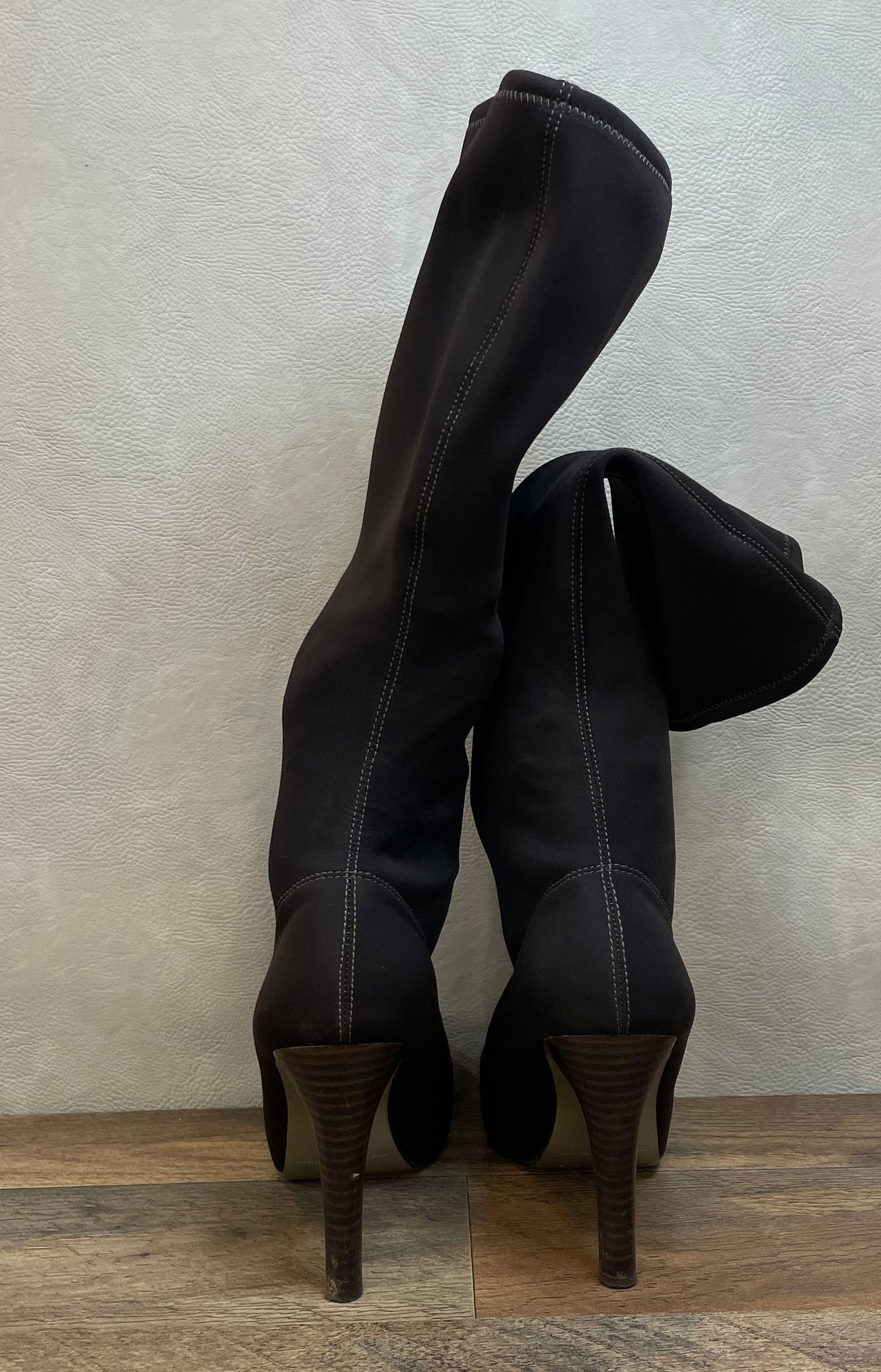 Martinez Valero Dark Brown Stretch Fabric Knee High Stiletto Boots Size 8.5