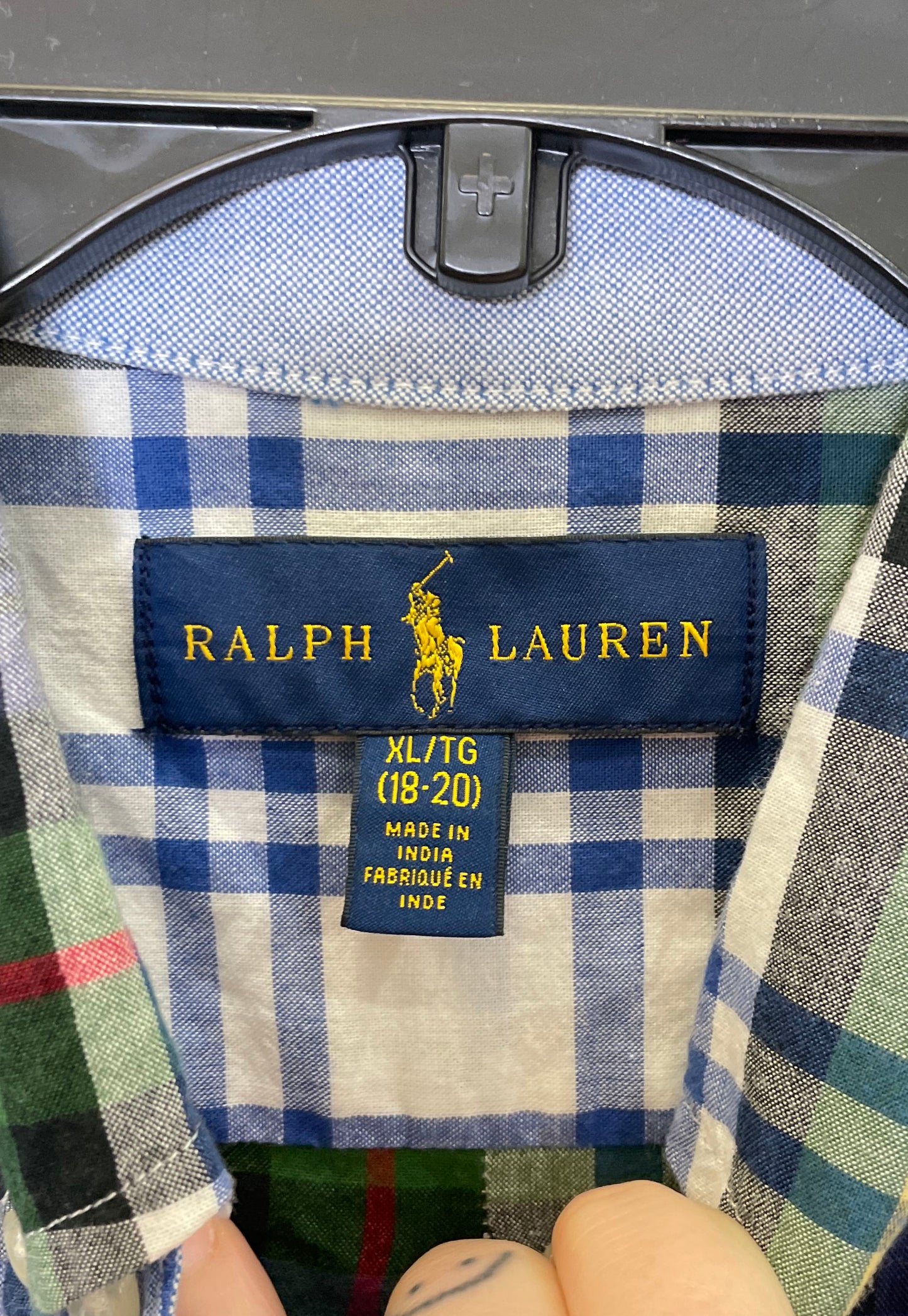 Ralph Lauren Boys Green Blue Plaid LS Button Down Shirt Pony Logo Sz XL 18-20