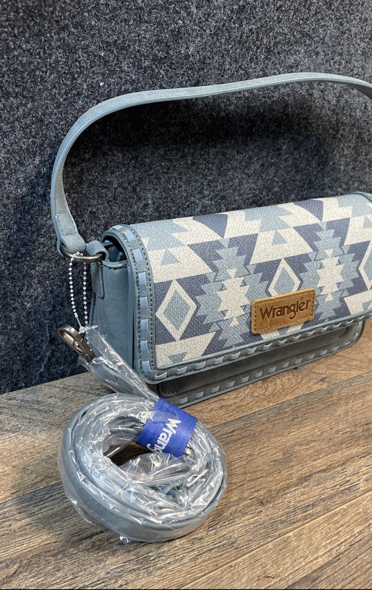 Wrangler Blue Geometric Southwestern Crossbody Shoulder Bag Pewter Hardware