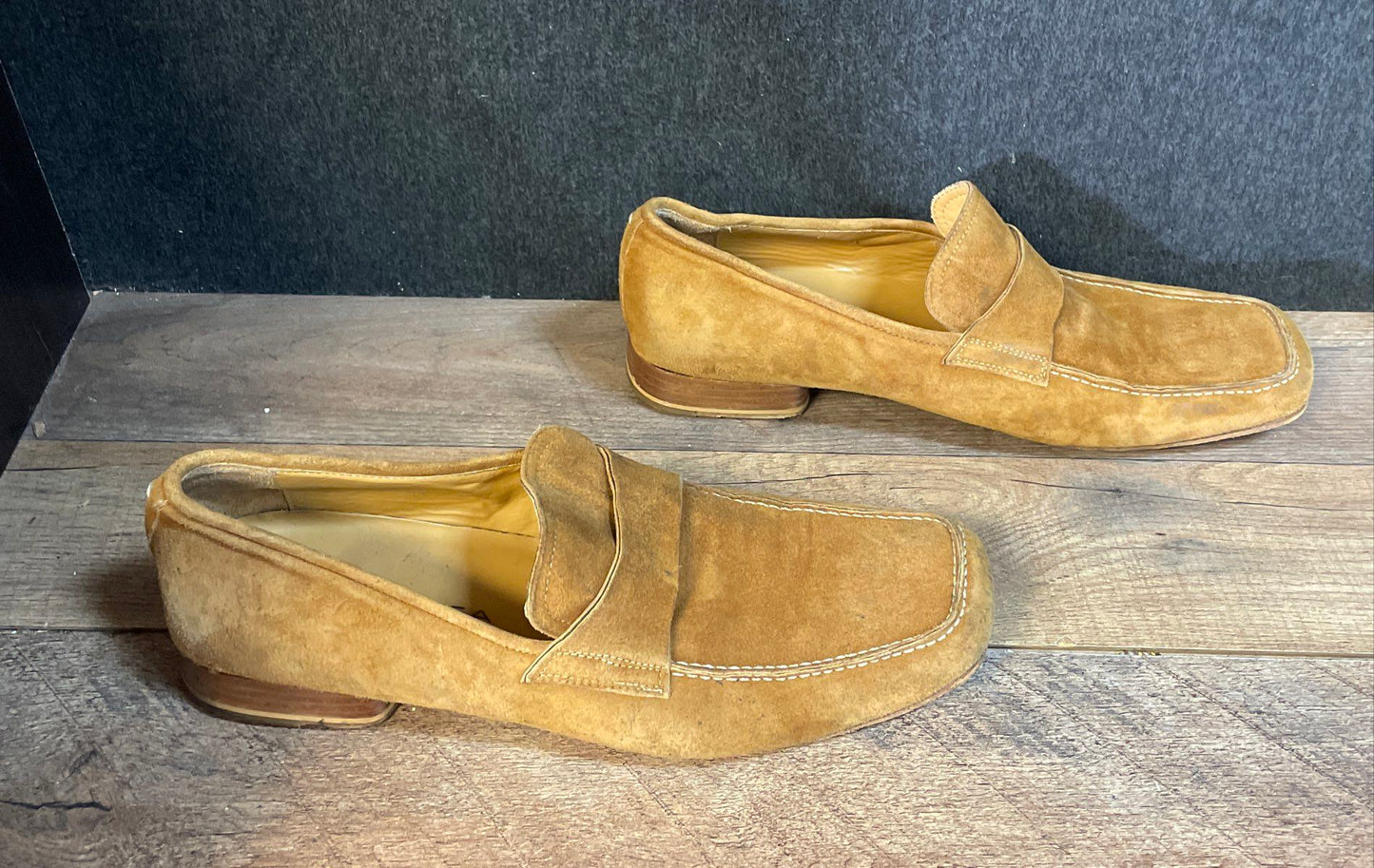 Via Spiga Tan Suede Square Toe Penny Loafers Made in Italy Size 10.5