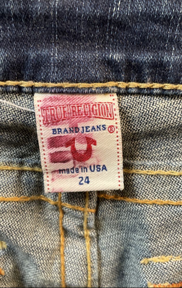 True Religion Women's Blue Skinny Flap Pocket Horseshoe Jeans Size 24