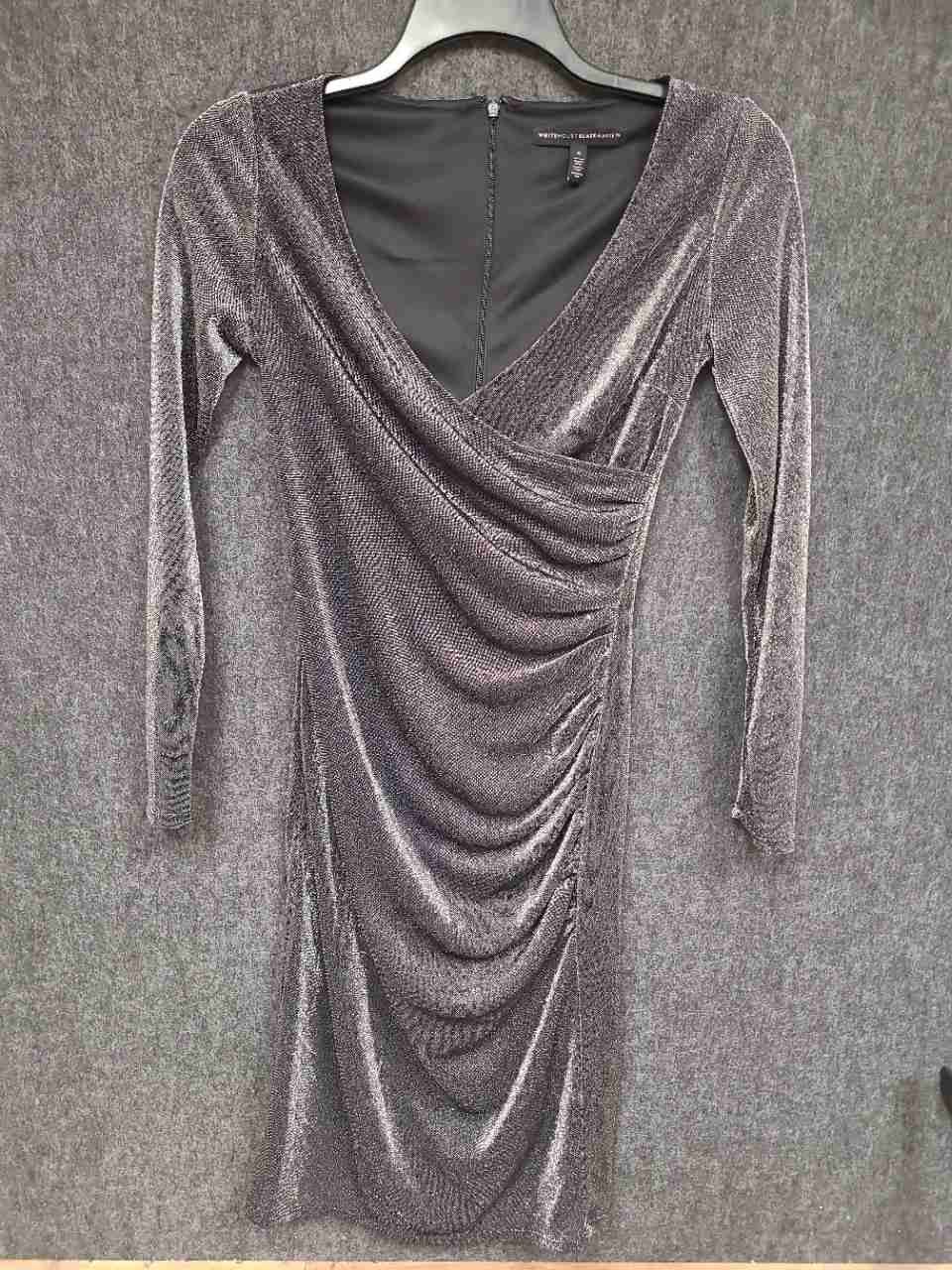 White House Black Market Women's Dress Silver Metallic Ruched Surplice Sz 0